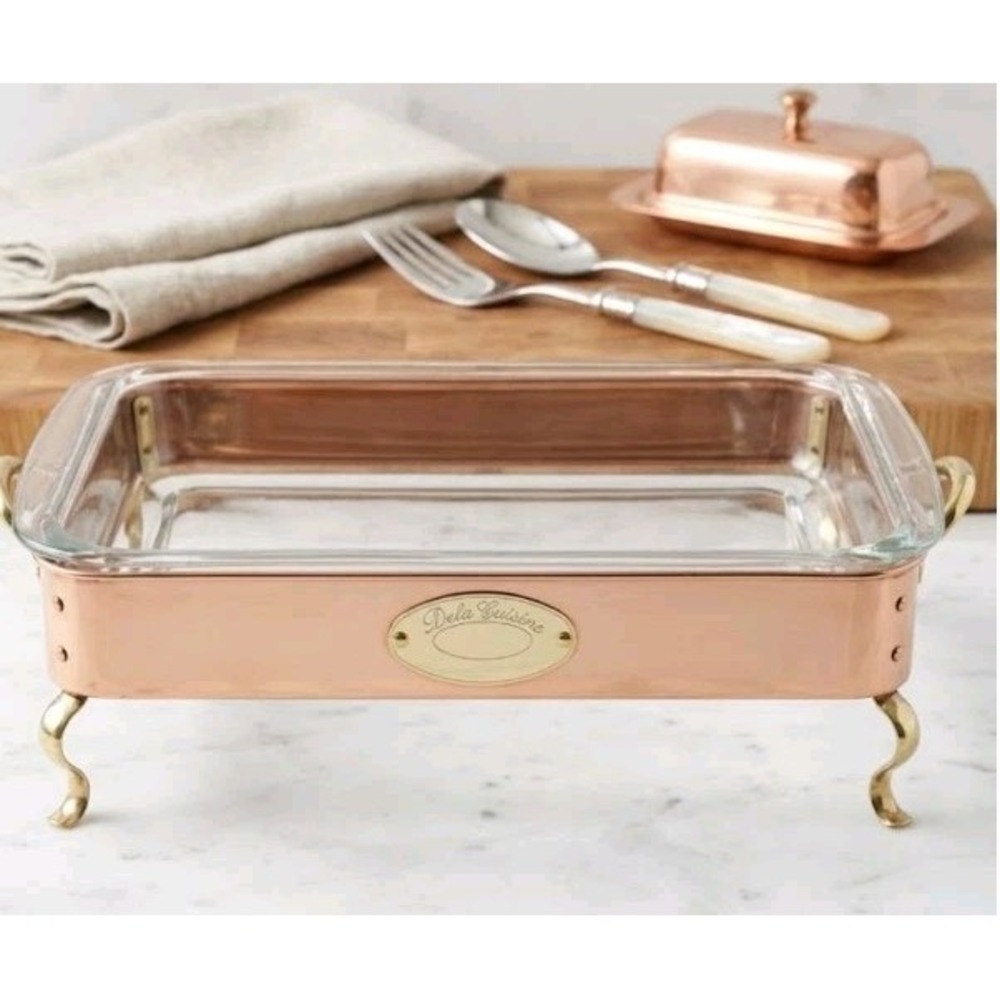 Vintage De La Cuisine Copper Casserole Dish Pyrex Glass Bakeware 3L Scroll Feet